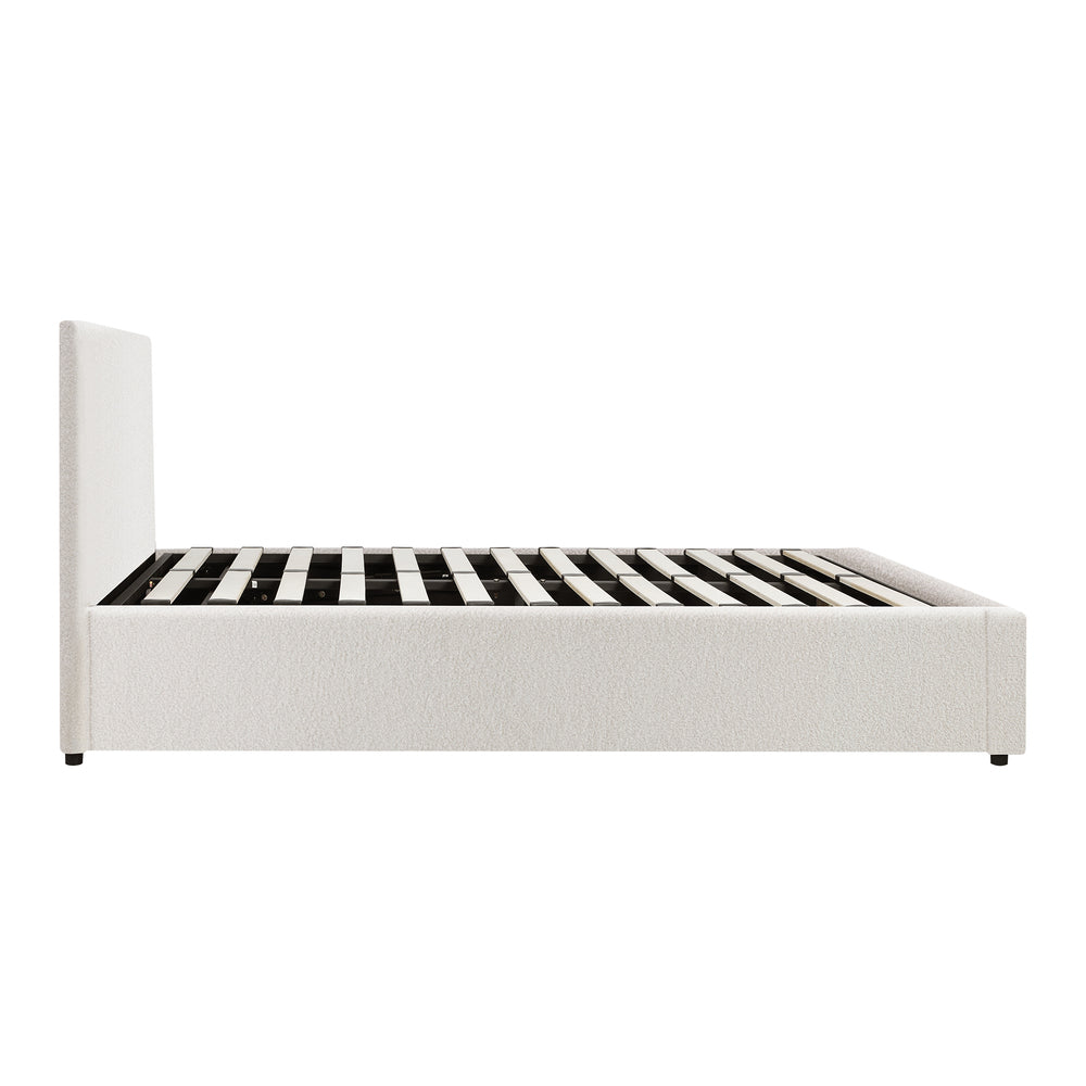 Oikiture Queen Bed Frame Gas Lift Storage Base White Boucle