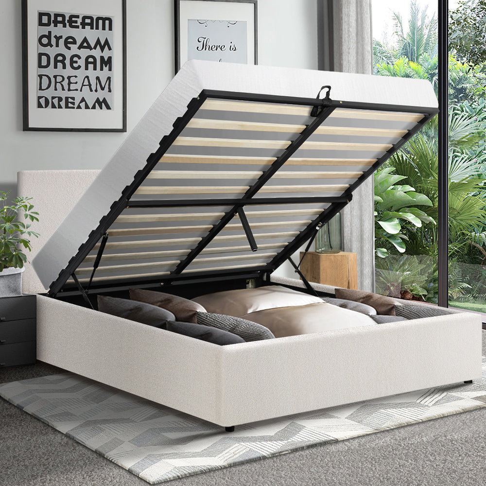 Oikiture Queen Bed Frame Gas Lift Storage Base White Boucle