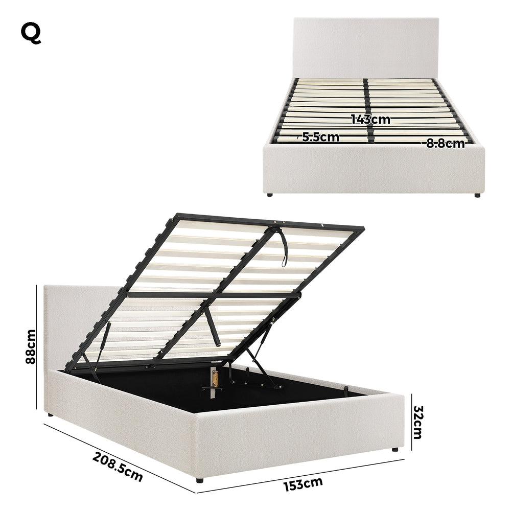 Oikiture Queen Bed Frame Gas Lift Storage Base White Boucle