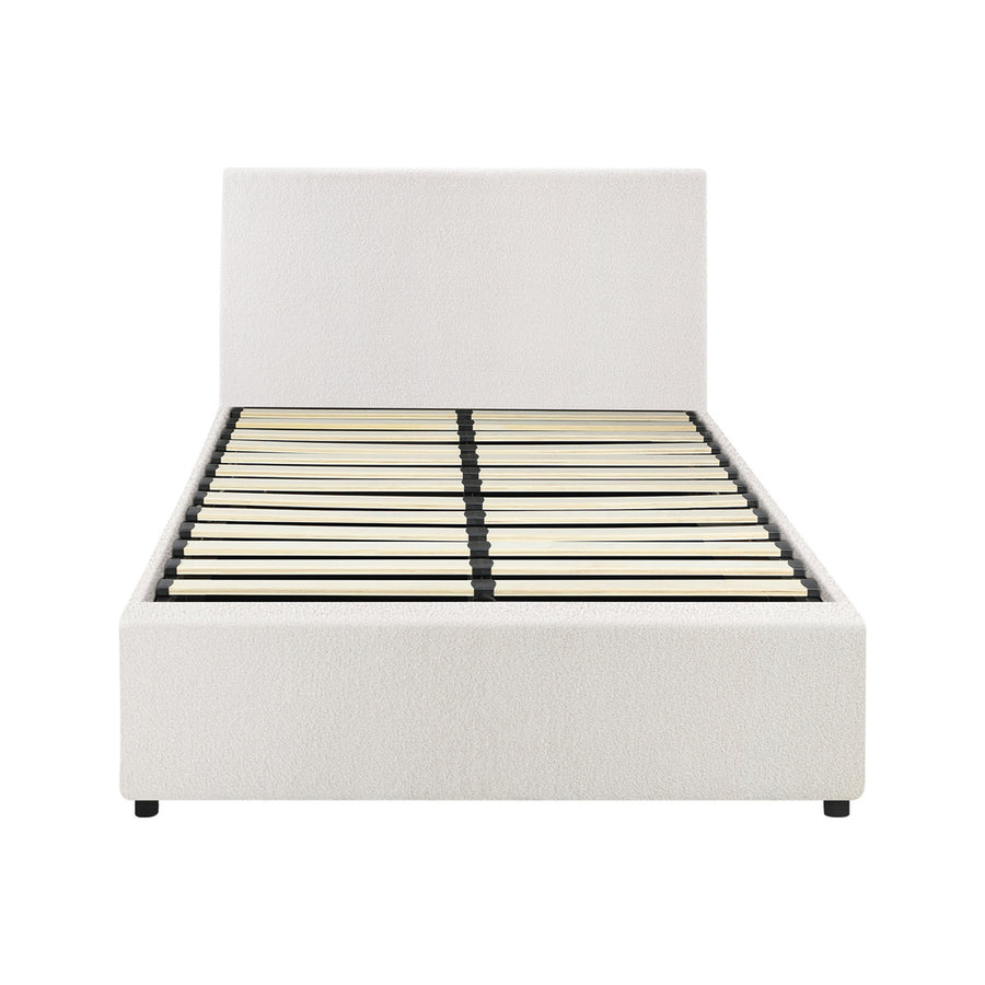 Oikiture Single Bed Frame Gas Lift Storage Base White Boucle, Storage