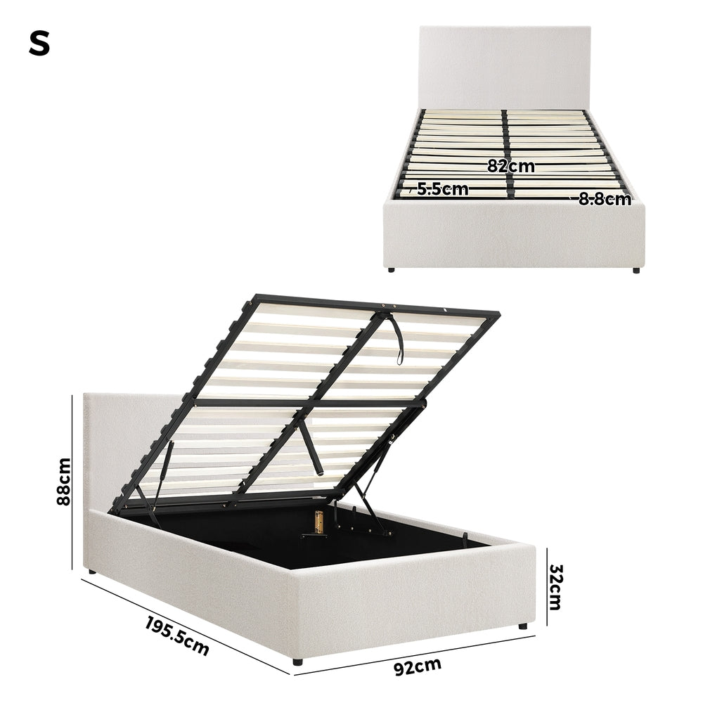 Oikiture Single Bed Frame Gas Lift Storage Base White Boucle