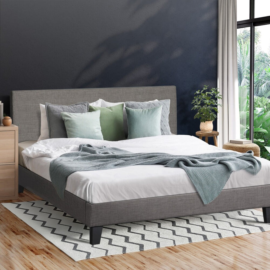 Oikiture Bed Frame Double Size Wooden Slats Grey Fabric, image 4
