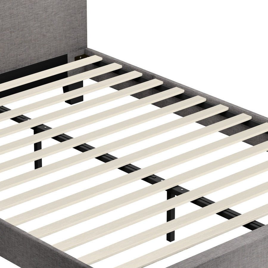 Oikiture Bed Frame Double Size Wooden Slats Grey Fabric, image 3