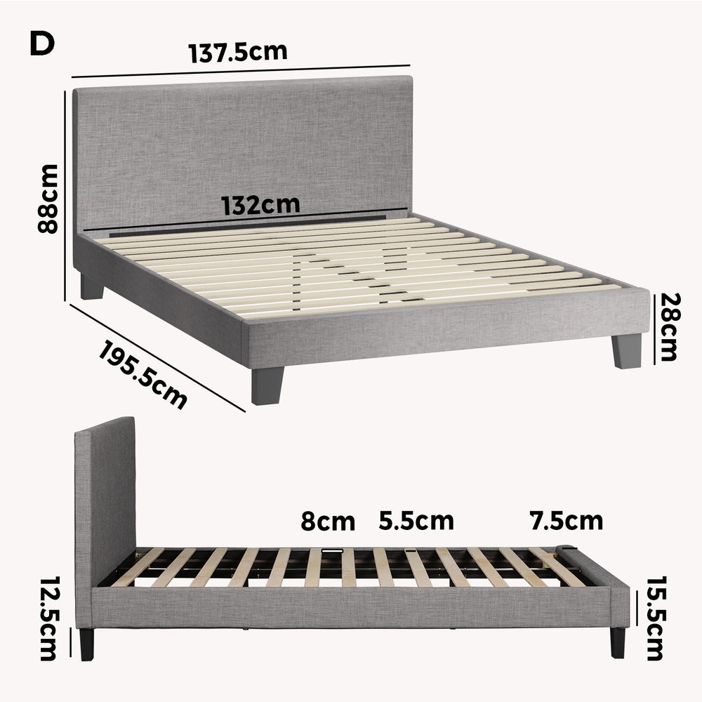 Oikiture Bed Frame Double Size Wooden Slats Grey Fabric