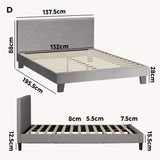Oikiture Bed Frame Double Size Wooden Slats Grey Fabric - Rear View