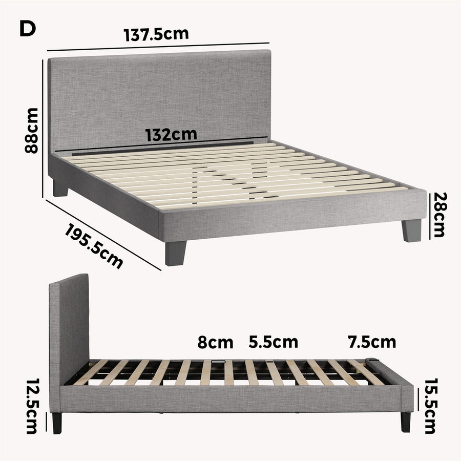 Oikiture Bed Frame Double Size Wooden Slats Grey Fabric, image 6