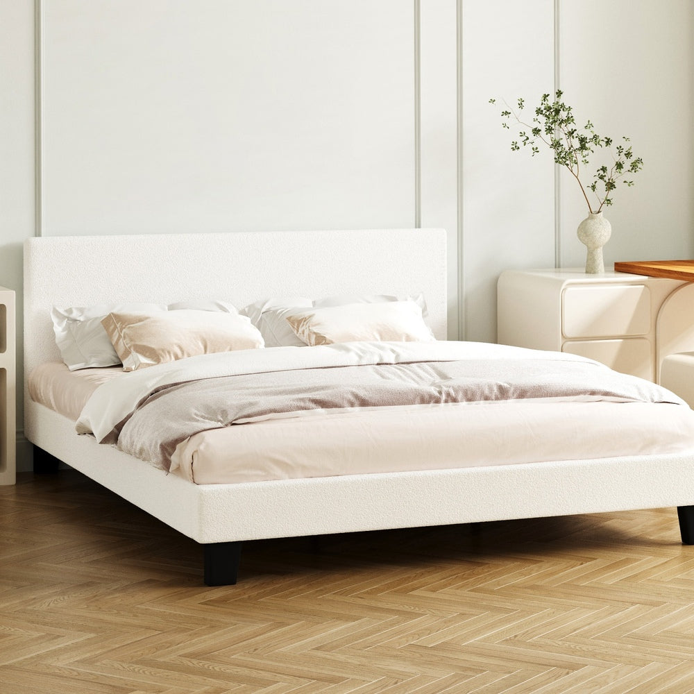 Oikiture Double Bed Frame Wooden Slats Boucle Fabric White