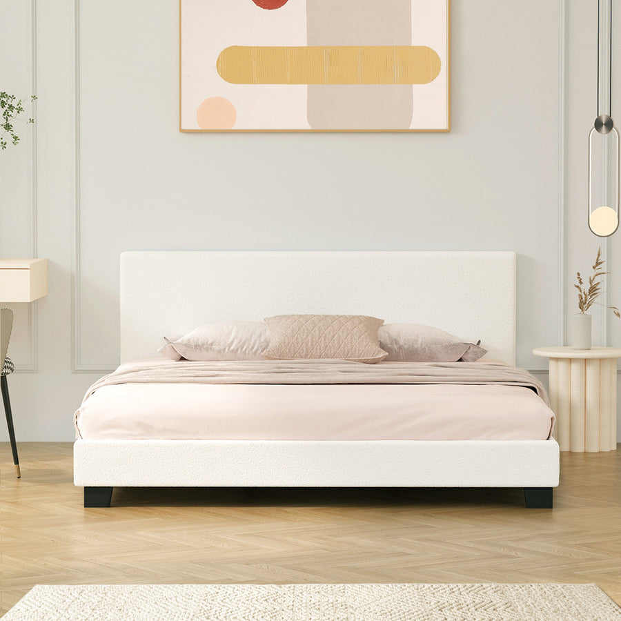 Oikiture Double Bed Frame Wooden Slats Boucle Fabric White