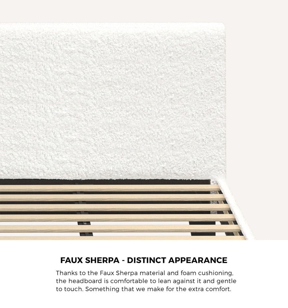 Oikiture Double Bed Frame Wooden Slats Boucle Fabric White