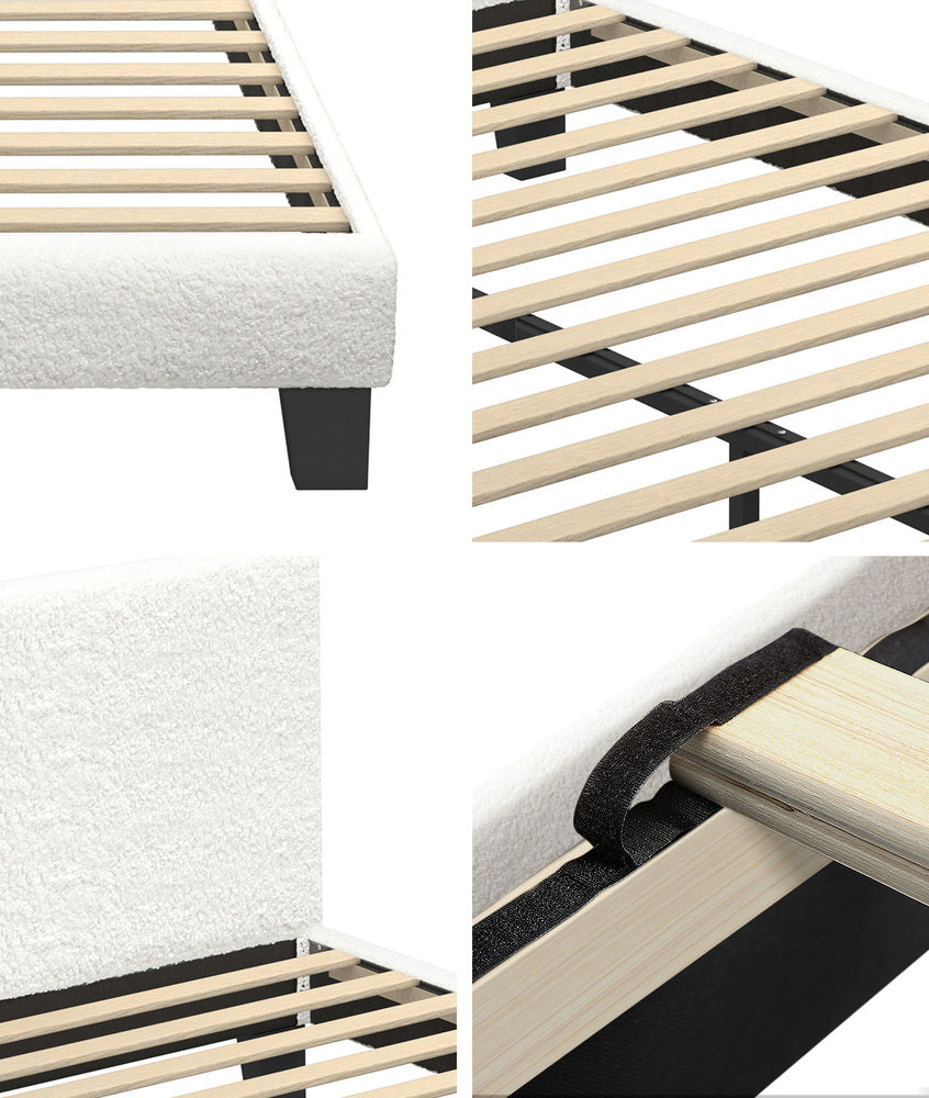 Oikiture Double Bed Frame Wooden Slats Boucle Fabric White