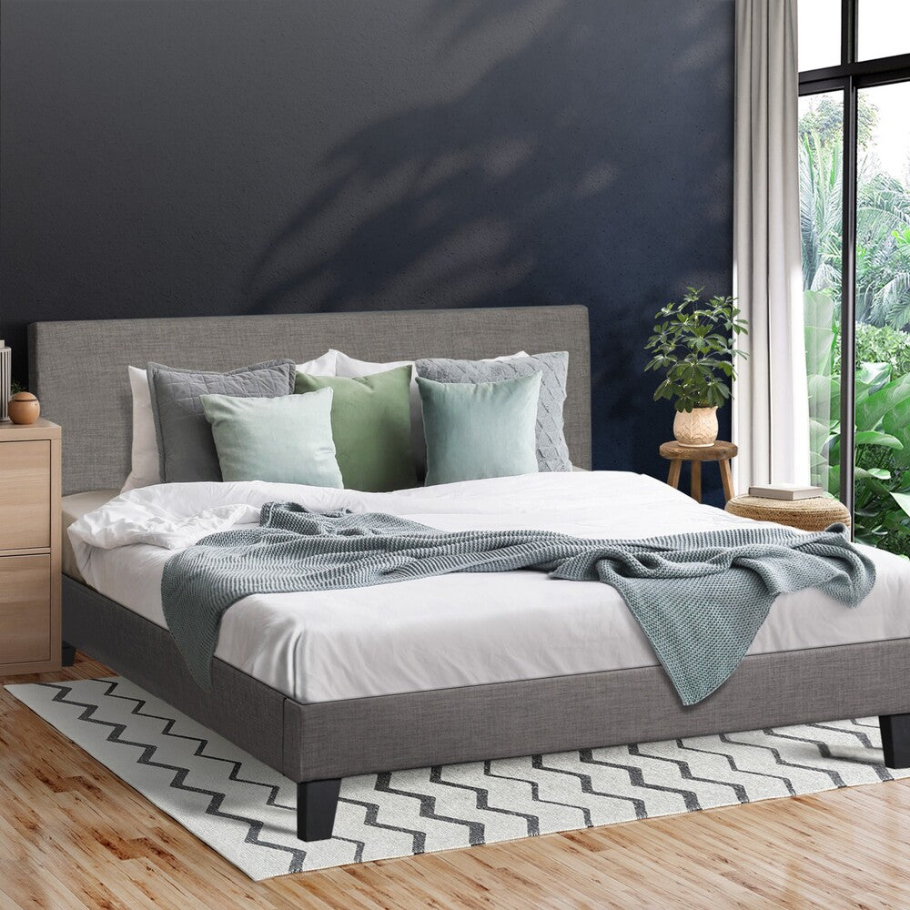 Oikiture Bed Frame King Size Wooden Slats Grey Fabric