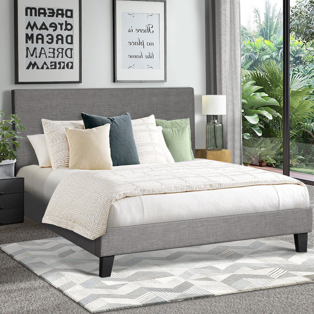 Oikiture Bed Frame King Size Wooden Slats Grey Fabric