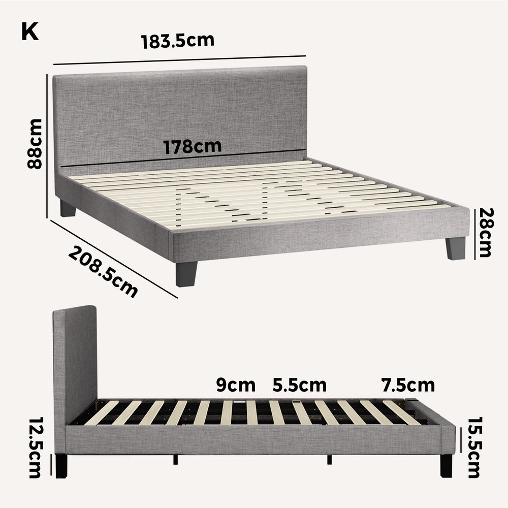 Oikiture Bed Frame King Size Wooden Slats Grey Fabric
