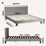 Oikiture Bed Frame King Size Wooden Slats Grey Fabric - Front View