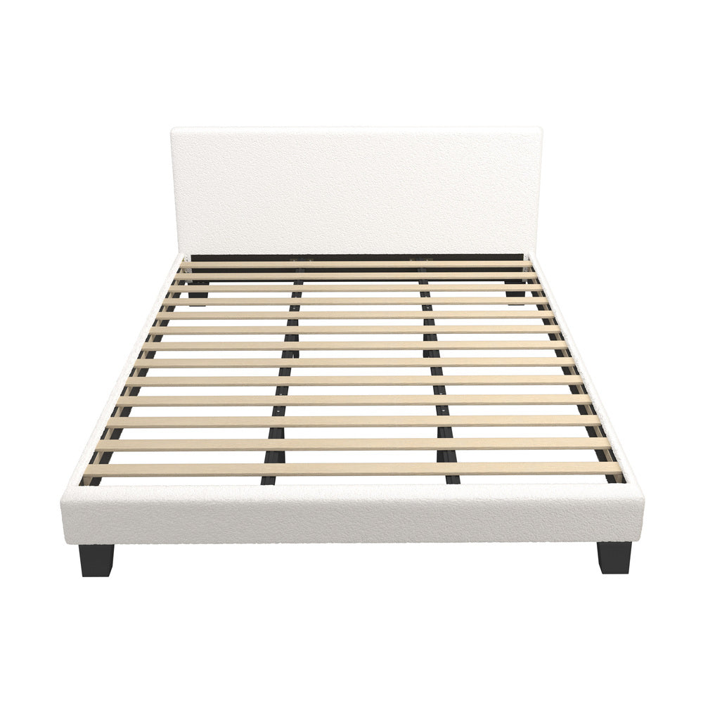 Oikiture King Bed Frame Wooden Slats Boucle Fabric White