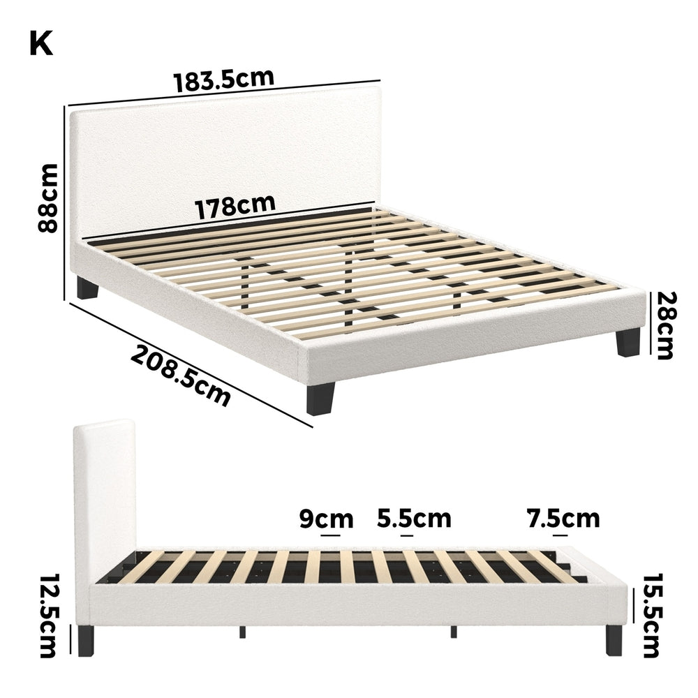 Oikiture King Bed Frame Wooden Slats Boucle Fabric White