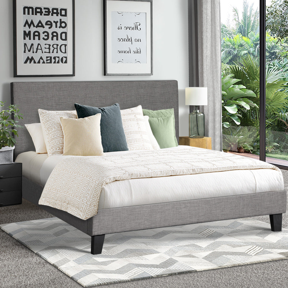 Oikiture Bed Frame Queen Size Wooden Slats Grey Fabric