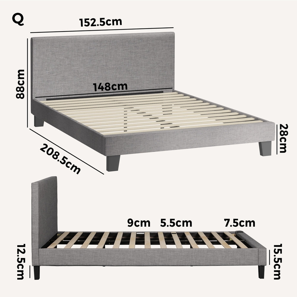 Oikiture Bed Frame Queen Size Wooden Slats Grey Fabric