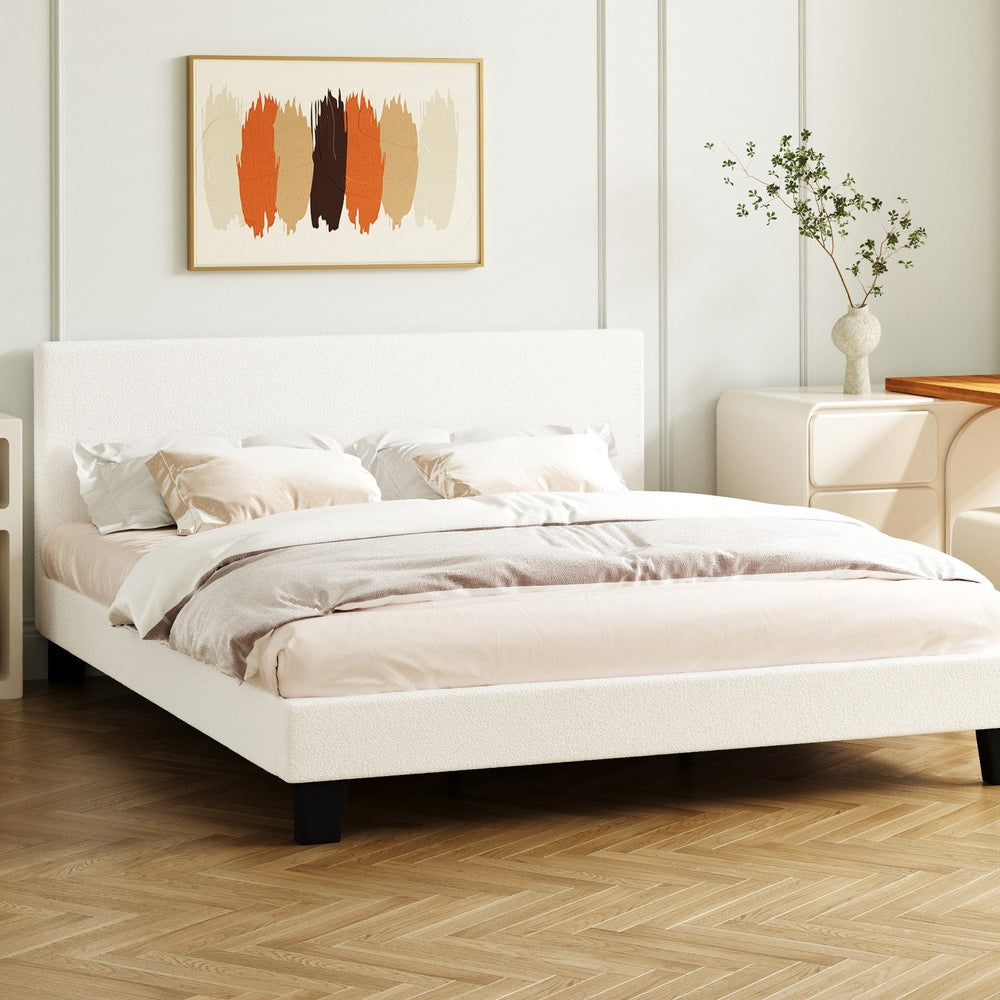 Oikiture Queen Bed Frame Wooden Slats Boucle Fabric White