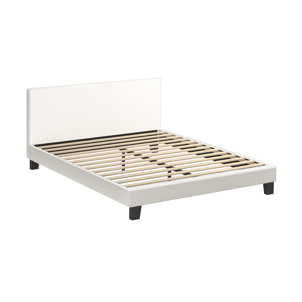 Oikiture Queen Bed Frame Wooden Slats Boucle Fabric White