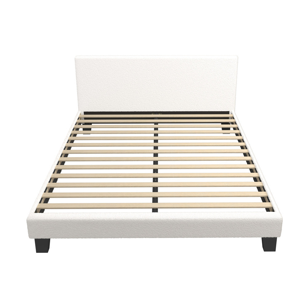 Oikiture Queen Bed Frame Wooden Slats Boucle Fabric White