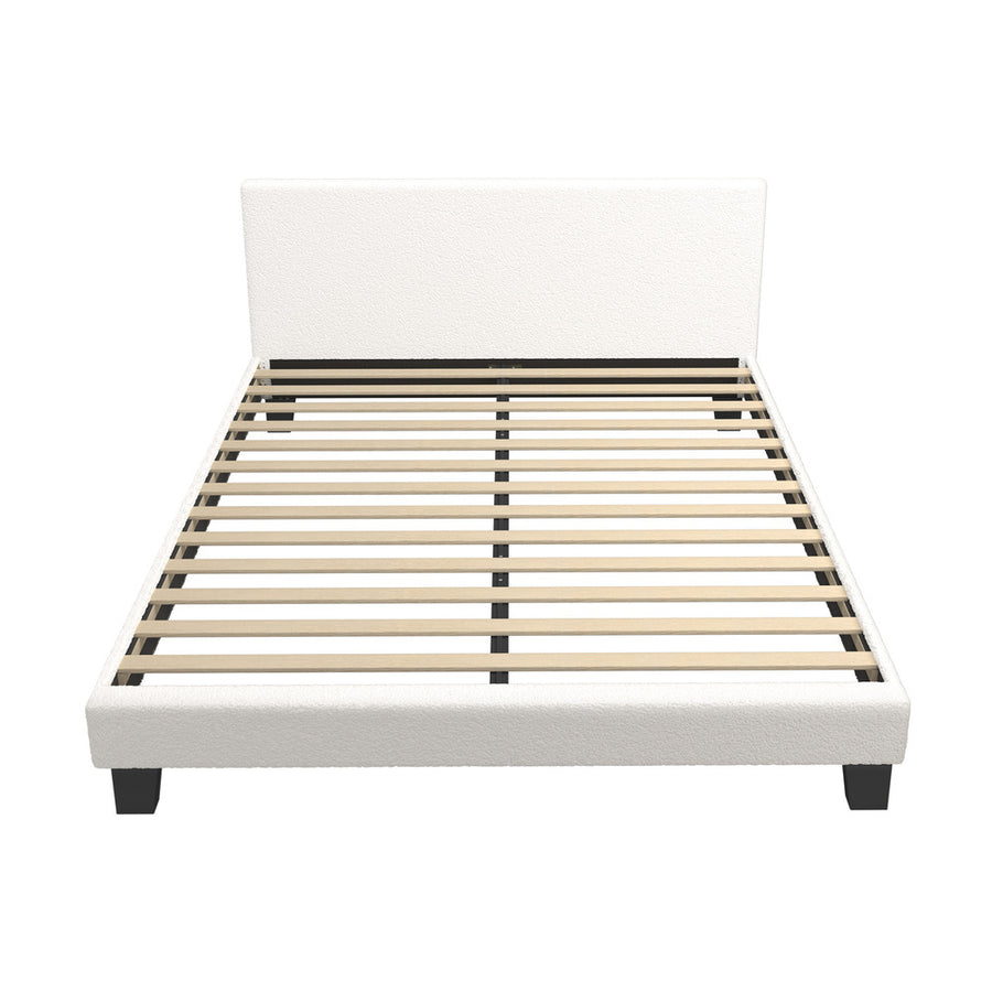 Oikiture Queen Bed Frame Wooden Slats Boucle Fabric White, image 9