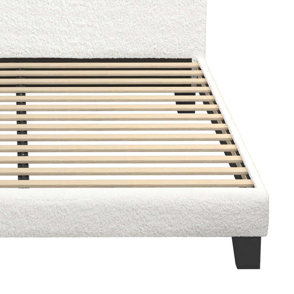 Oikiture Queen Bed Frame Wooden Slats Boucle Fabric White