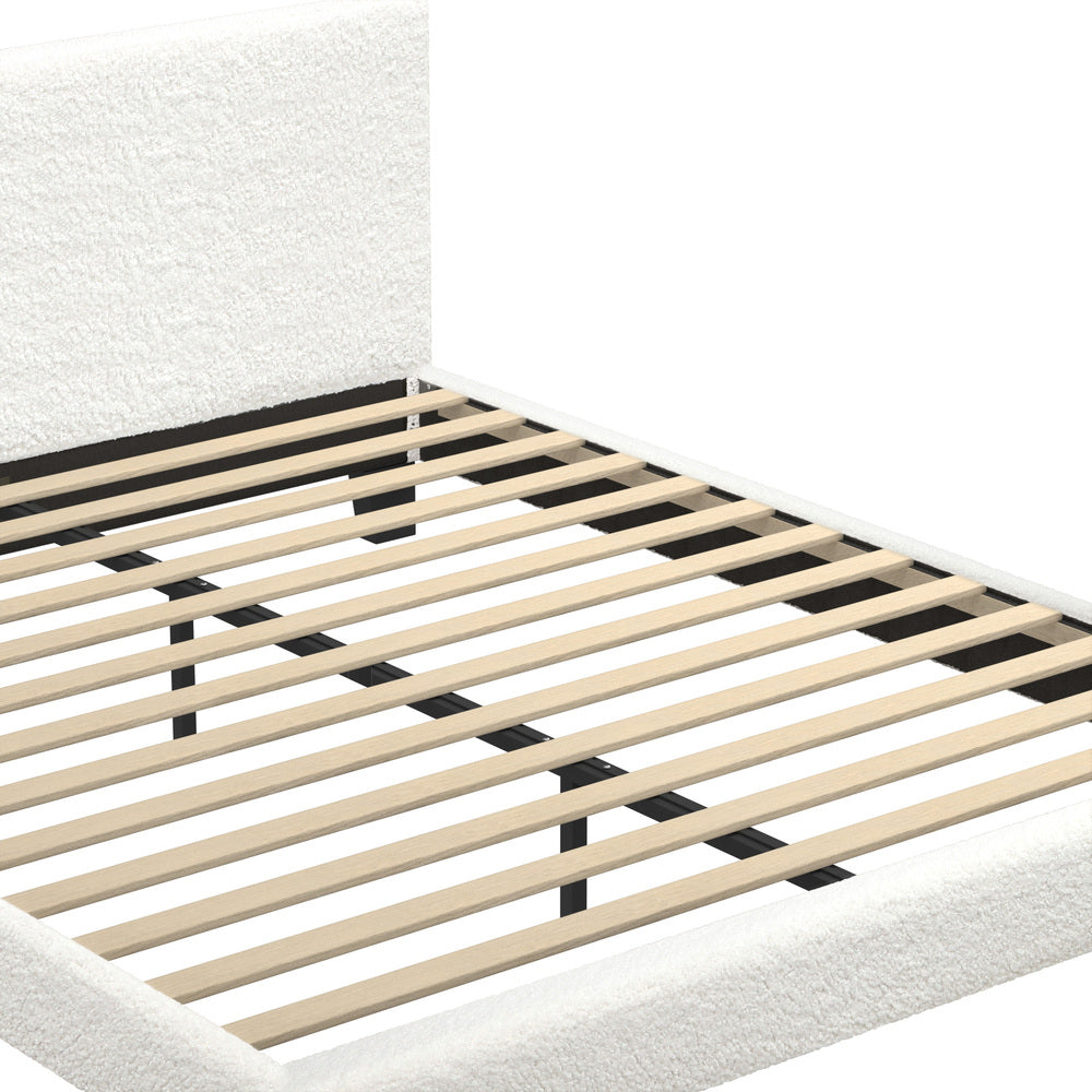 Oikiture Queen Bed Frame Wooden Slats Boucle Fabric White