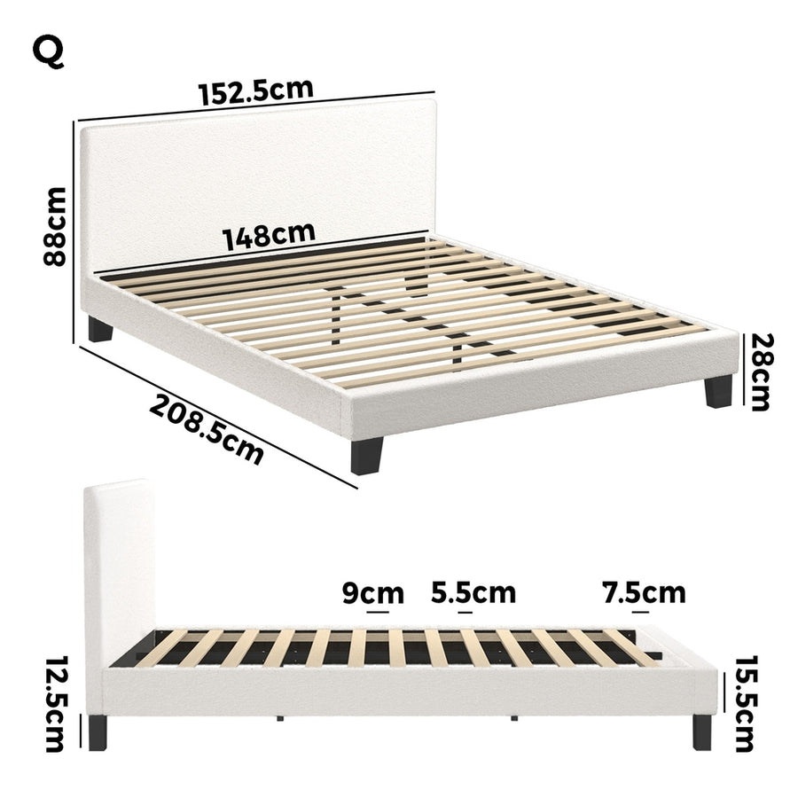Oikiture Queen Bed Frame Wooden Slats Boucle Fabric White, image 7