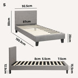 Oikiture Bed Frame Single Size Wooden Slats Grey Fabric - Rear View