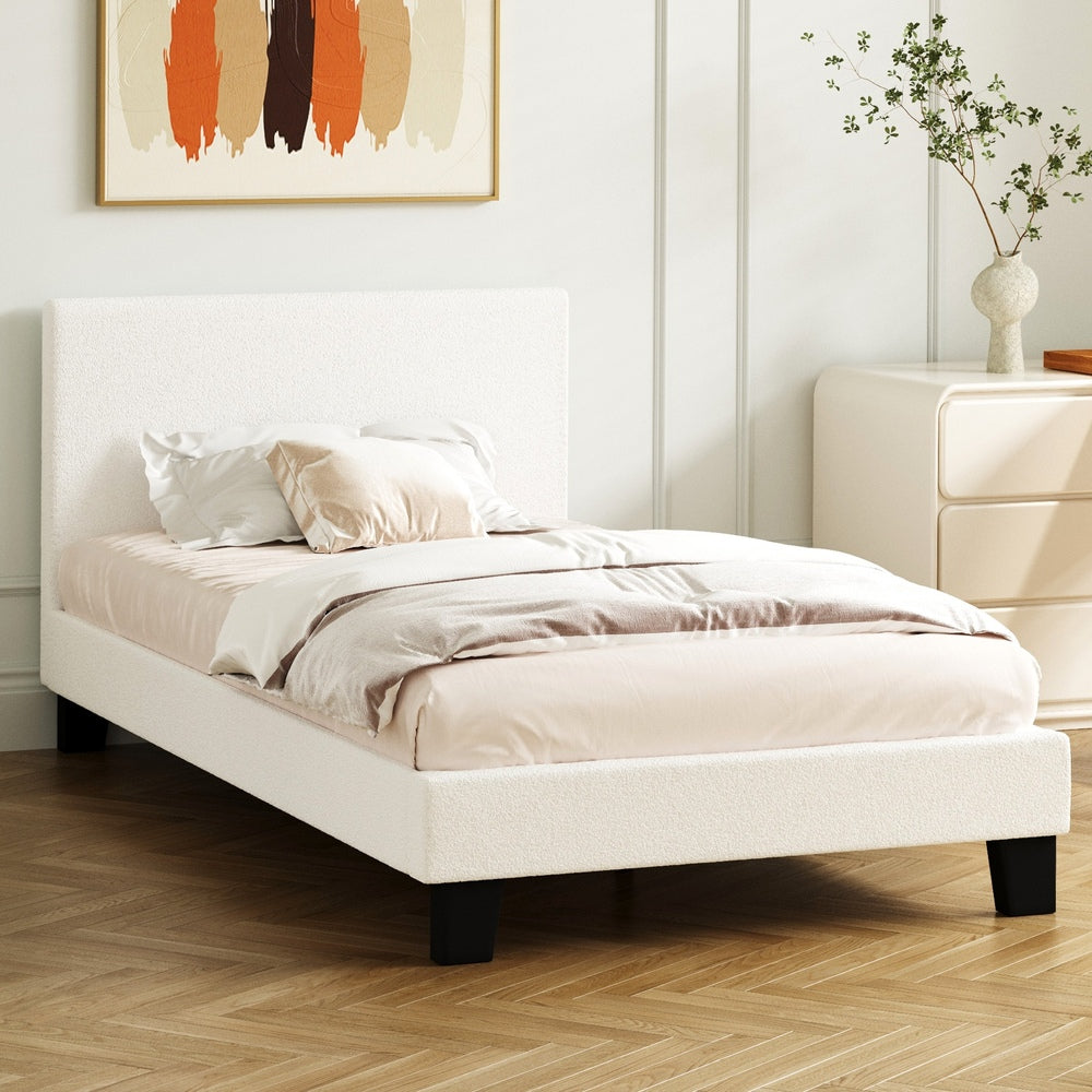Oikiture Single Bed Frame Wooden Slats Boucle Fabric White