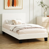 Oikiture Single Bed Frame Wooden Slats Boucle Fabric White