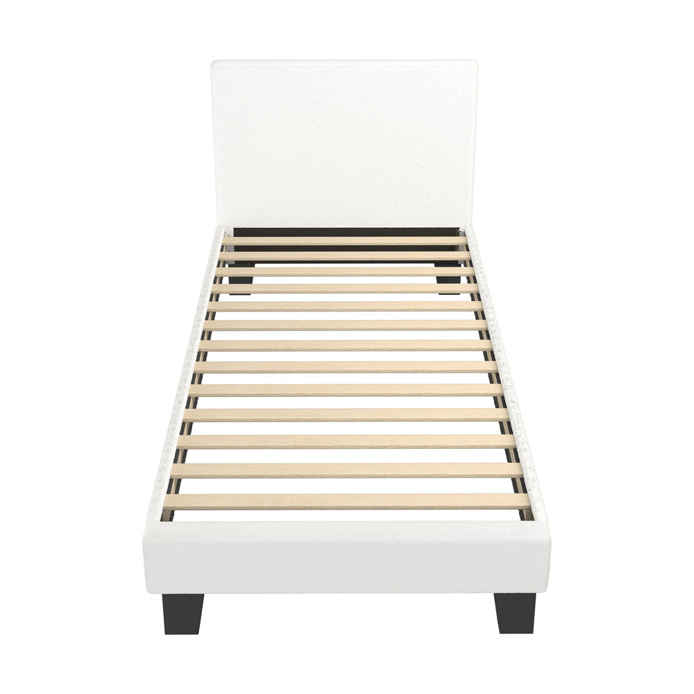Oikiture Single Bed Frame Wooden Slats Boucle Fabric White
