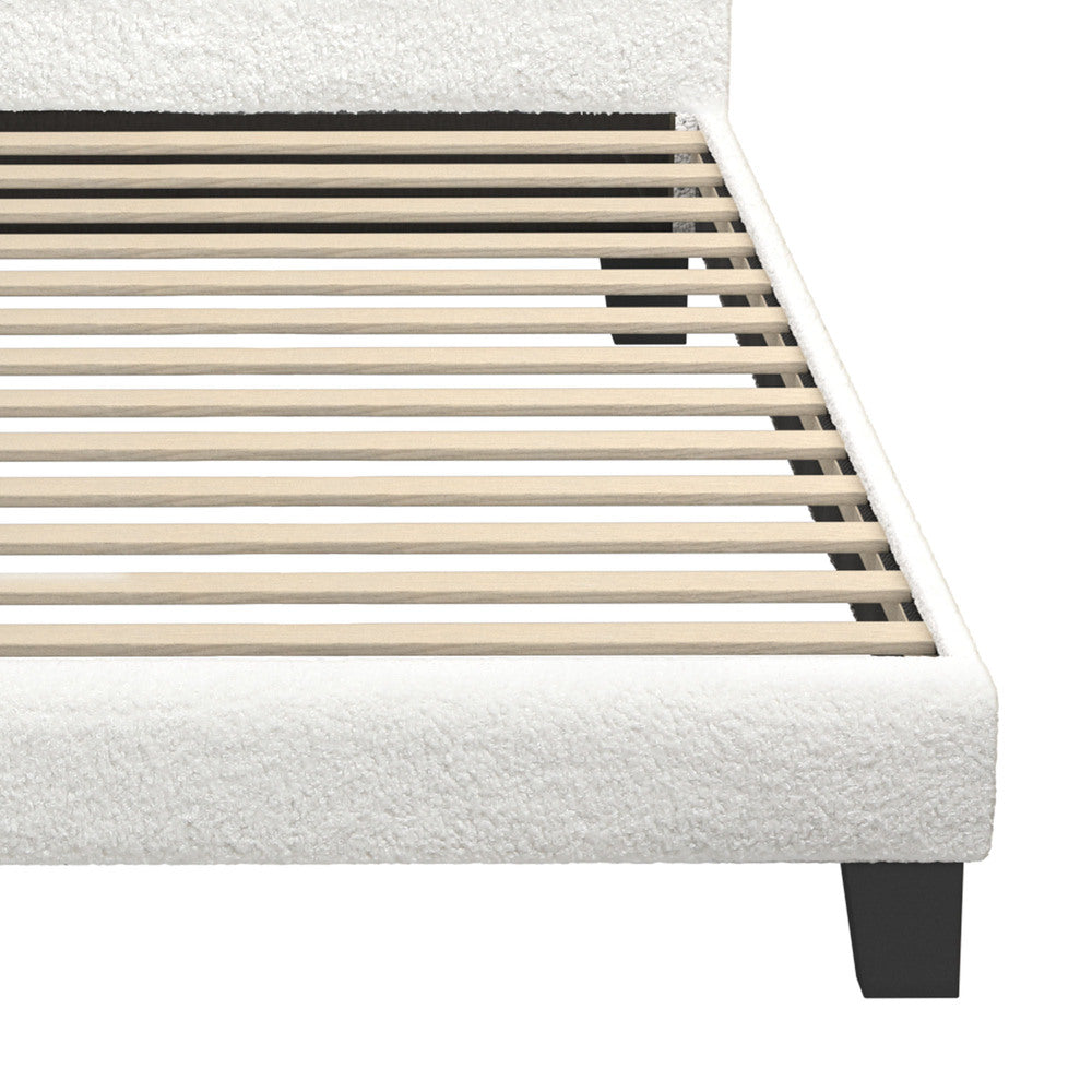 Oikiture Single Bed Frame Wooden Slats Boucle Fabric White