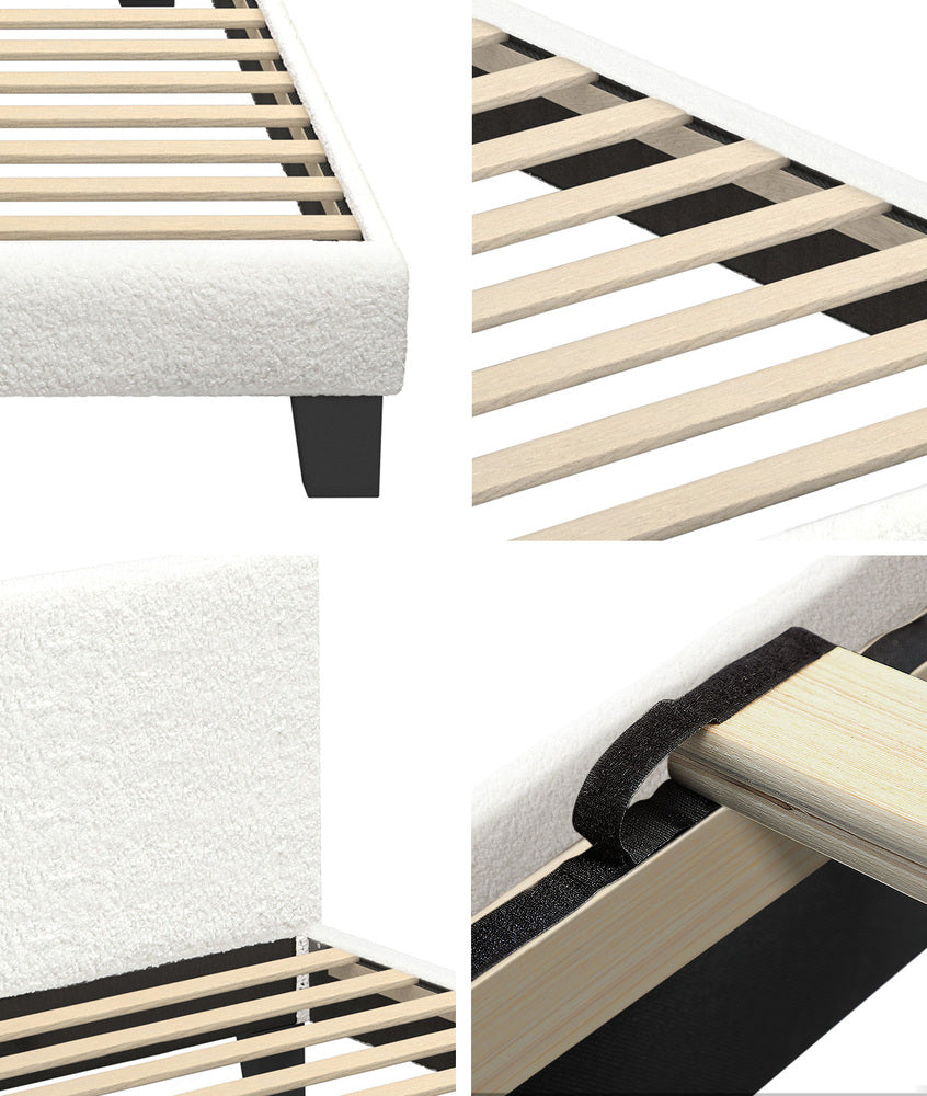 Oikiture Single Bed Frame Wooden Slats Boucle Fabric White