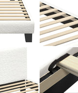 Oikiture Single Bed Frame Wooden Slats Boucle Fabric White - Front View