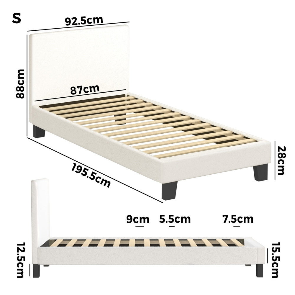 Oikiture Single Bed Frame Wooden Slats Boucle Fabric White