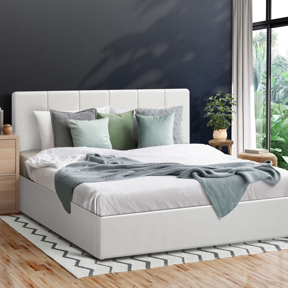 Oikiture Bed Frame Queen Size Gas Lift Base PU Leather ZOE