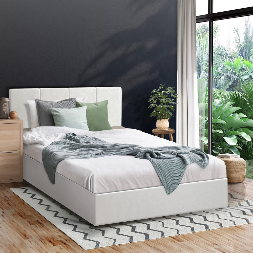 Oikiture Bed Frame Single Size Gas Lift Base PU Leather ZOE