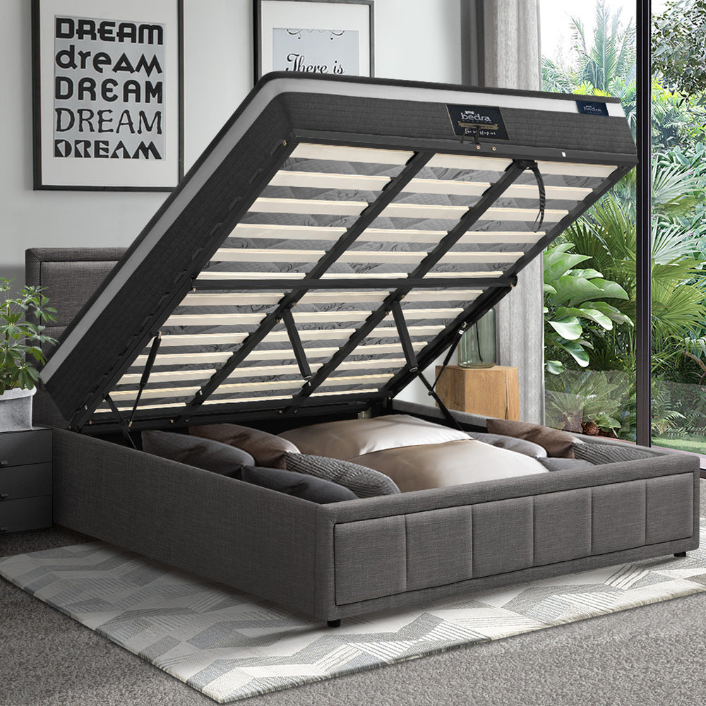 Oikiture Bed Frame With Mattress Set King Size Gas Lift Grey BOSS
