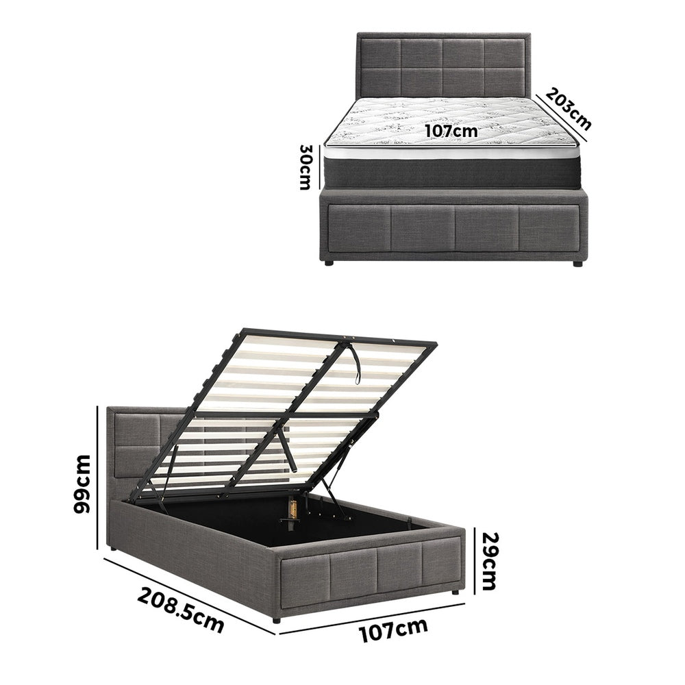 Oikiture Bed Frame With Mattress Set King Single Gas Lift Grey BOSS