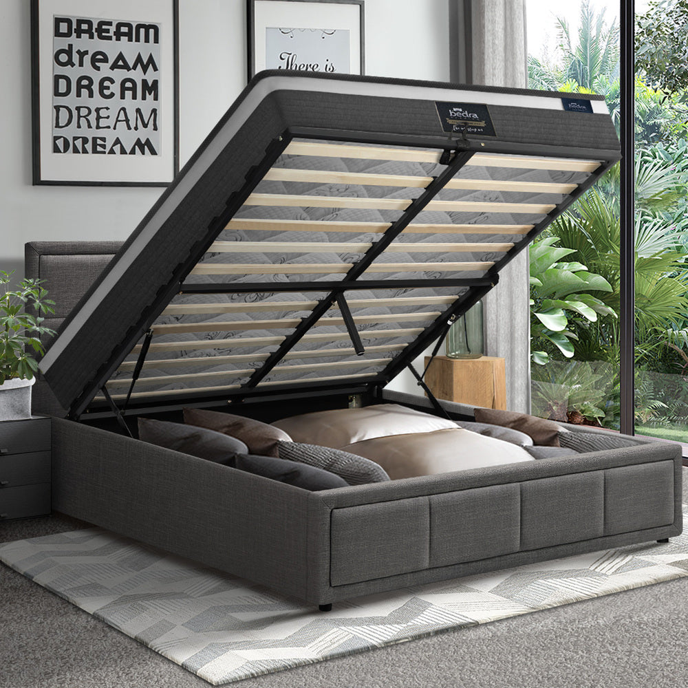 Oikiture Bed Frame With Mattress Set King Single Gas Lift Grey BOSS