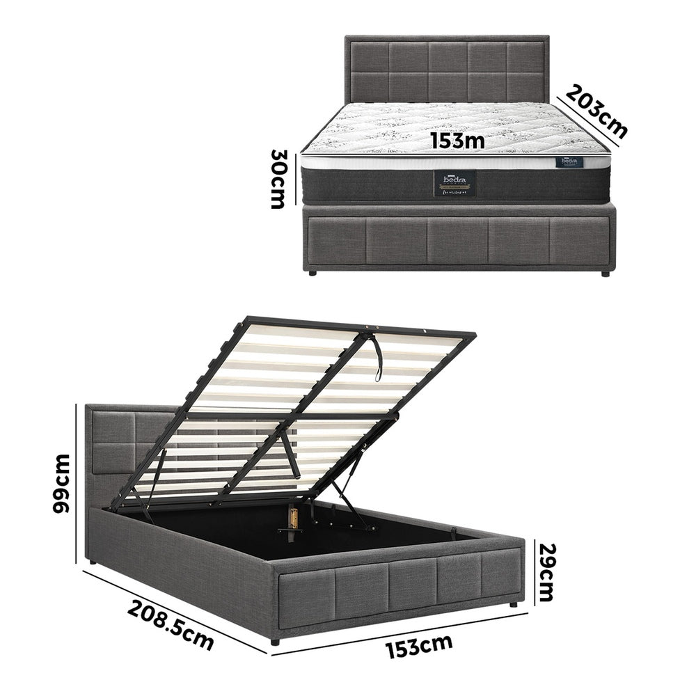 Oikiture Bed Frame With Mattress Set Queen Size Gas Lift Grey BOSS