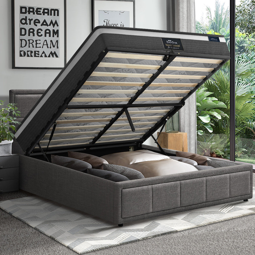 Oikiture Bed Frame With Mattress Set Queen Size Gas Lift Grey BOSS
