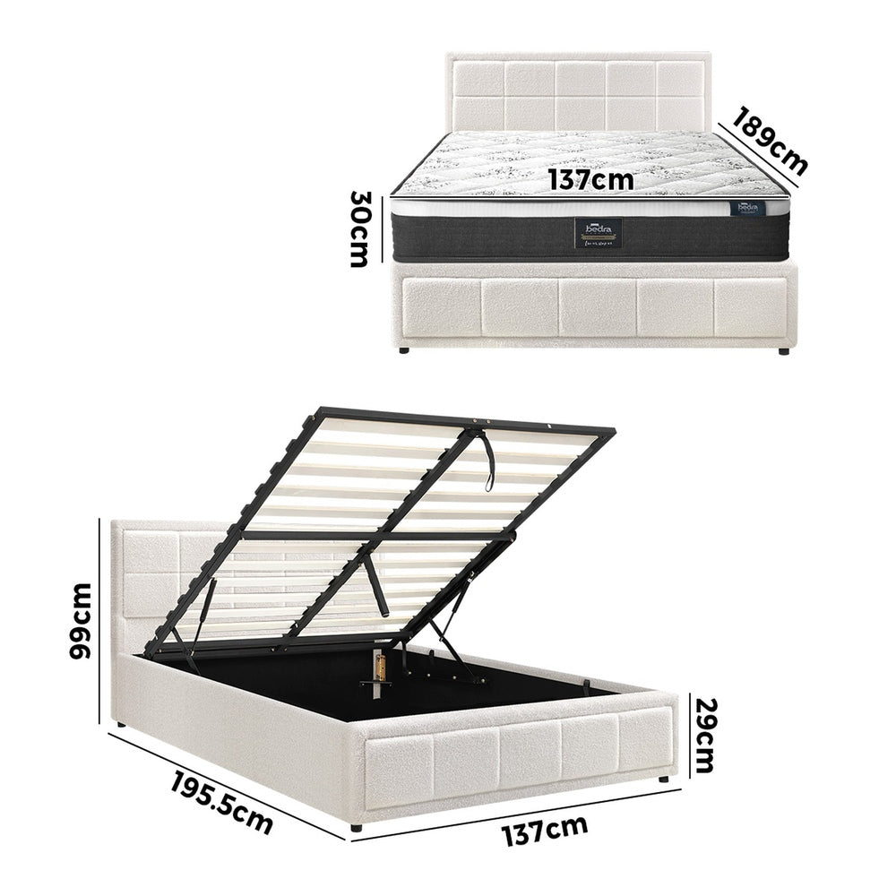 Oikiture Bed Frame With Mattress Set Double Size Gas Lift White BOSS