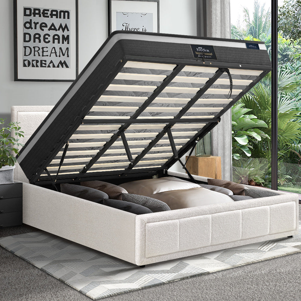 Oikiture Bed Frame With Mattress Set Double Size Gas Lift White BOSS