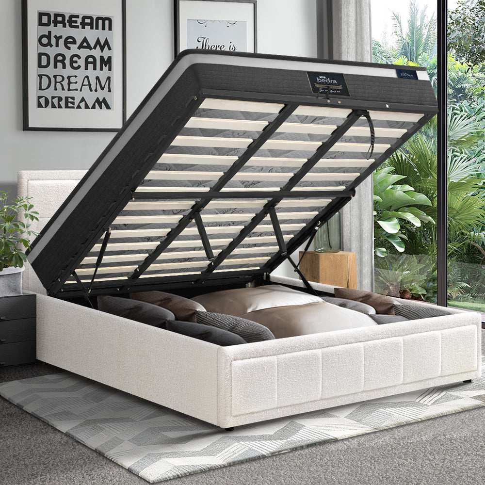 Oikiture Bed Frame With Mattress Set King Size Gas Lift White BOSS