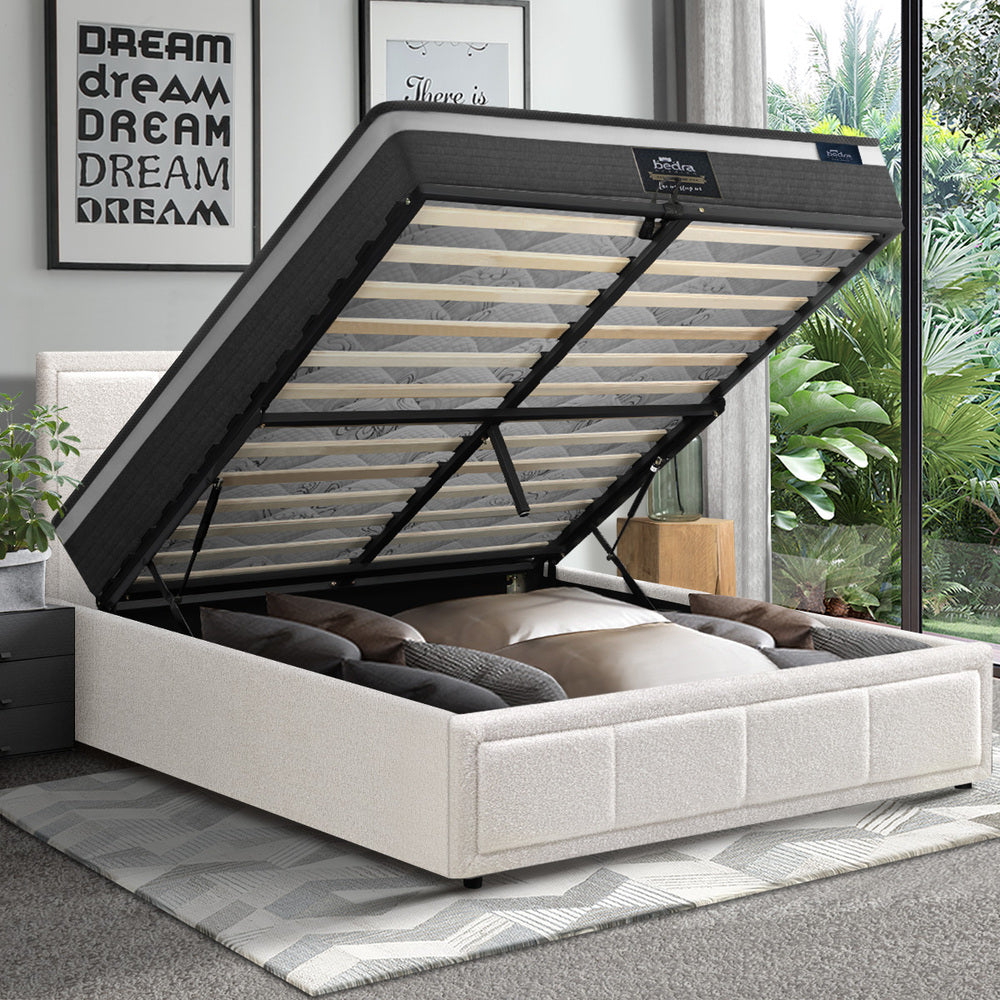Oikiture Bed Frame With Mattress Set King Single Gas Lift White BOSS