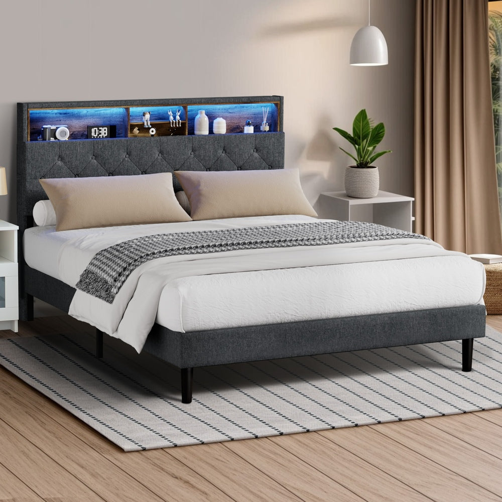 Oikiture Bed Frame with LED Storage Bedhead Double Size NOVI