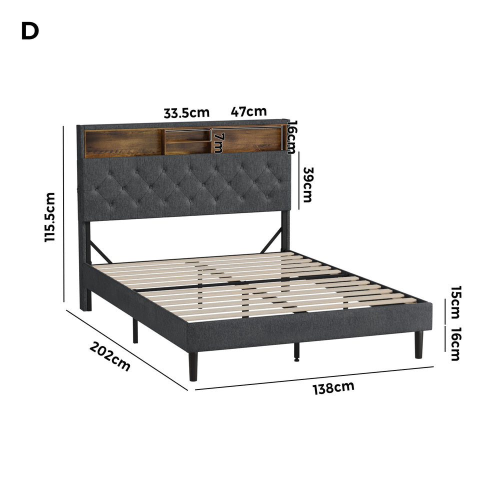 Oikiture Bed Frame with LED Storage Bedhead Double Size NOVI